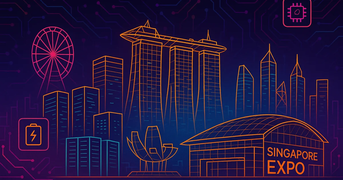Wireframe illustration of the Singapore skyline with cyberpunk elements, showcasing high-tech buildings and battery monitoring symbols in vibrant colors.