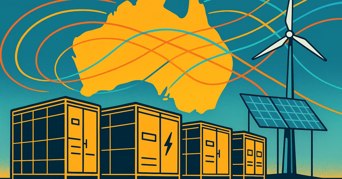 Illustration of battery storage systems integrated with renewable energy sources in Australia, featuring a map outline and vibrant colors.