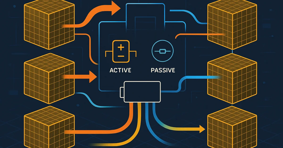 Wireframe illustration of a battery management system showing balance control among battery cells with dynamic energy transfer arrows.