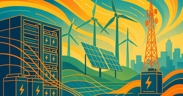 Illustration depicting Remote Battery Monitoring Systems with silhouettes of a data center, renewable energy sources, and a telecommunications tower, emphasizing energy efficiency and sustainability.