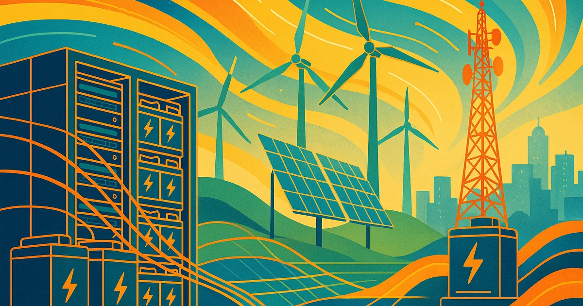 Illustration depicting Remote Battery Monitoring Systems with silhouettes of a data center, renewable energy sources, and a telecommunications tower, emphasizing energy efficiency and sustainability.