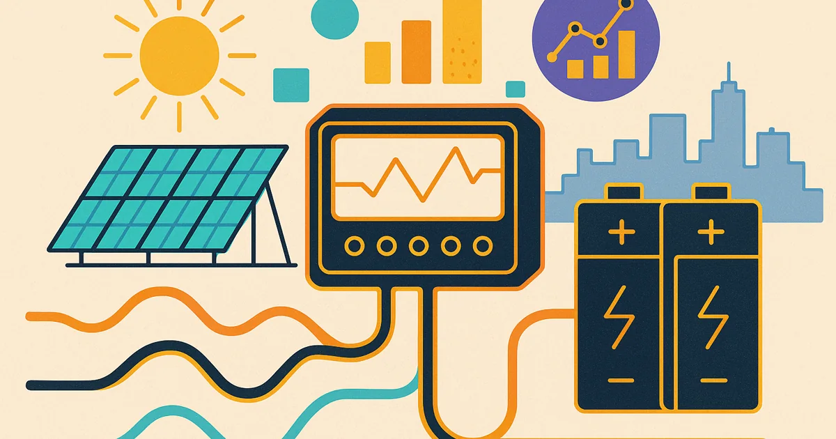 Wireframe silhouette of a battery management system with solar panels and batteries, depicting energy flow and analytics, designed in brand colors.