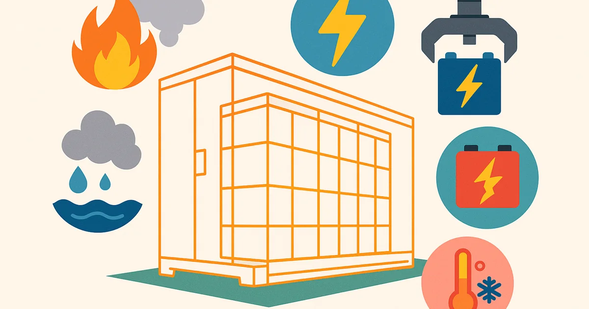 Illustration depicting various failure modes of energy storage systems, including fire, electric sparks, and environmental hazards.