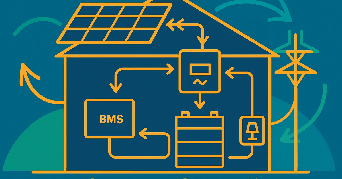 Illustration of a home energy storage system highlighting its five components in a wireframe style.