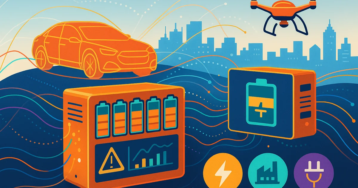 A dynamic illustration showing wireframe silhouettes of electric vehicles and drones, battery packs with monitoring indicators, and a balanced battery cell, set against a city skyline to represent innovation in battery management systems.