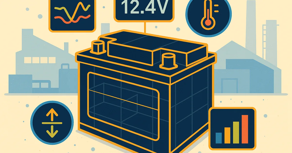 Wireframe silhouette of a lead acid battery monitoring system with highlighted parameters and colorful analytics visuals.
