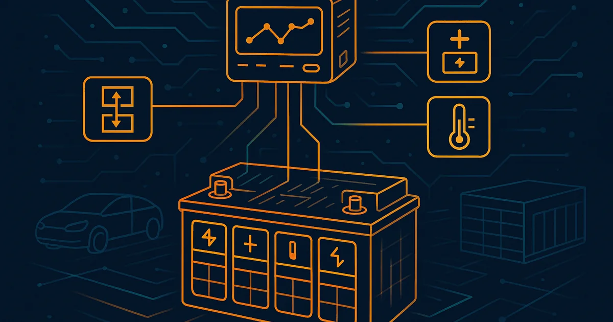 Wireframe silhouette of a battery management system illustrating its technologies like voltage equalization and temperature monitoring, with colorful accents and a backdrop of electric vehicles.