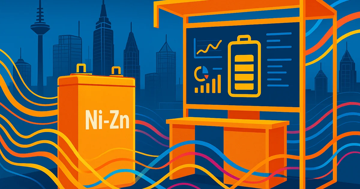 Illustration of Frankfurt skyline with innovative battery solutions, highlighting Gerchamp's presence at DCW 2025.
