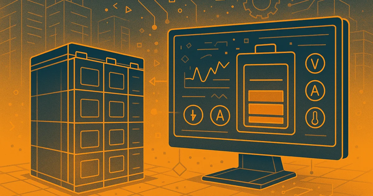 Wireframe silhouette representation of a Battery Bank Monitoring System showcasing a monitoring dashboard and battery health metrics.