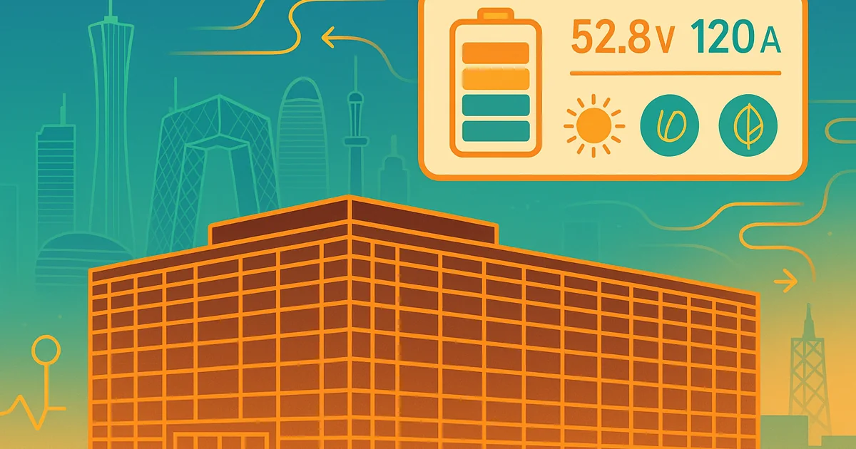 Wireframe silhouette of the Century Internet M6 Data Center with an overlay of a battery monitoring system interface, set against the Beijing skyline, showcasing energy efficiency and advanced technology.