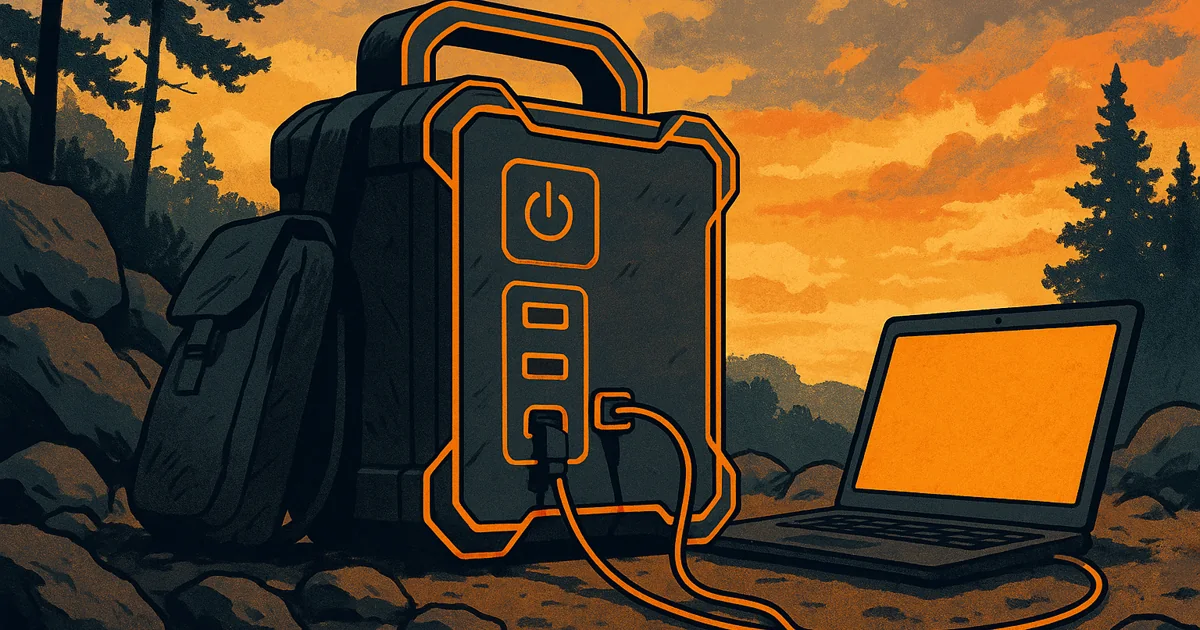 Illustration of a portable UPS power supply in an outdoor emergency scenario, connected to a laptop, with bright accents highlighting its features.