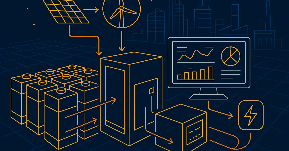Wireframe illustration of a centralized battery management system with battery cells and a control unit, symbolizing energy optimization.