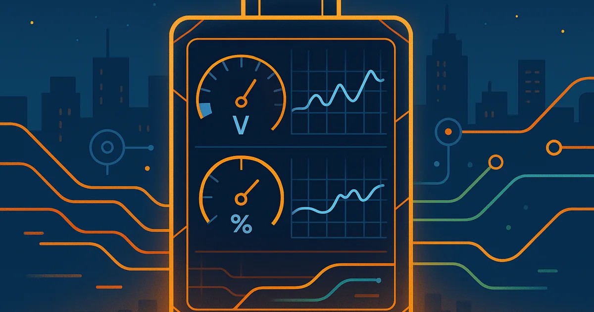 Wireframe silhouette of a battery management system with graphs and gauges set against a city skyline, illustrating real-time monitoring and energy flow.