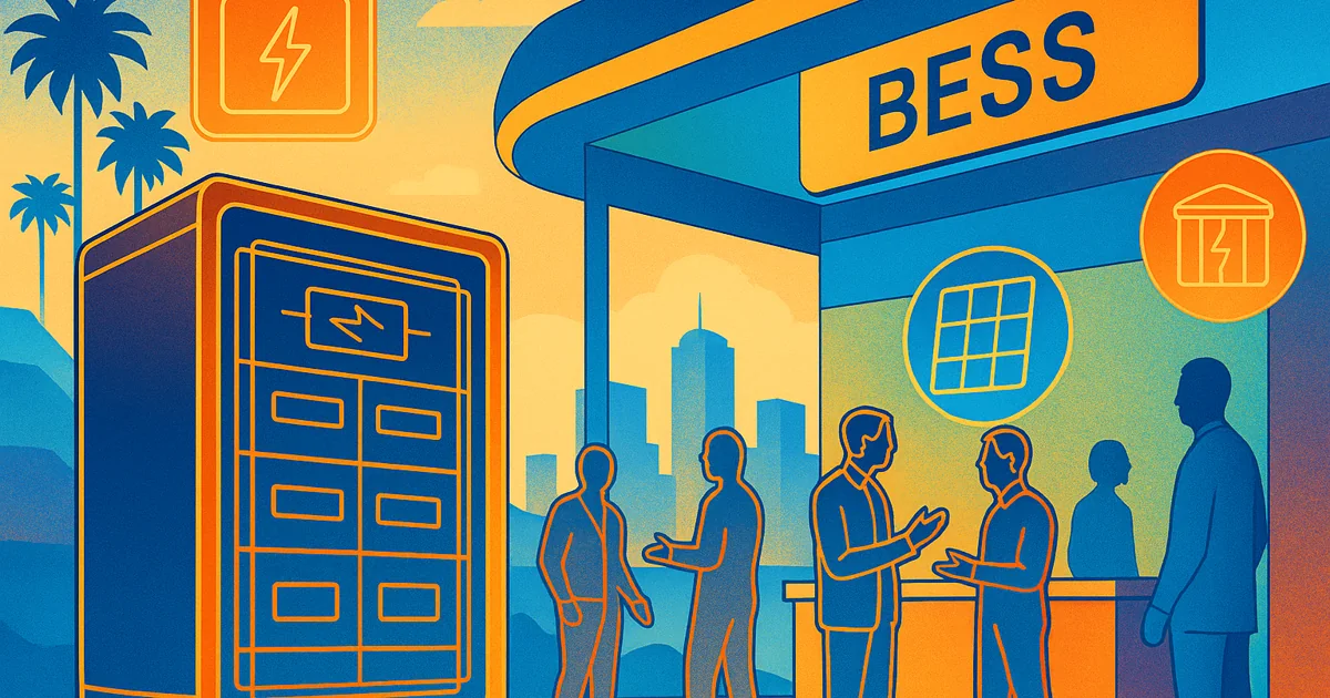 Illustration of Gerchamp's battery management system at the RE+2024 exhibition in California, featuring a skyline, energy icons, and a vibrant color palette.