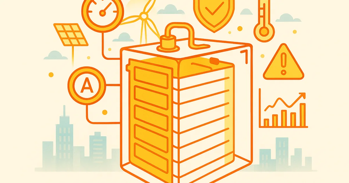 Wireframe silhouette of a lithium battery management system showcasing safety and efficiency indicators, with abstract renewable energy elements and data graphs.