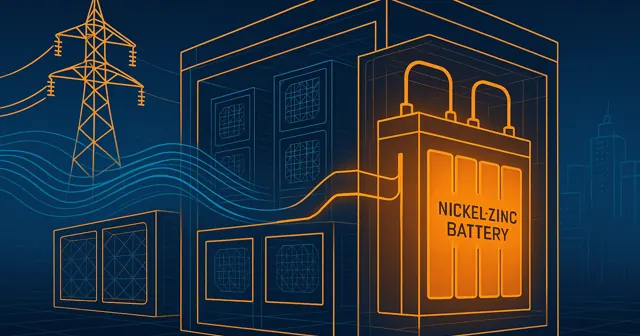 Wireframe silhouette of an AI data centre with a highlighted Nickel-Zinc battery system, illustrating the importance of battery reliability in critical infrastructure.
