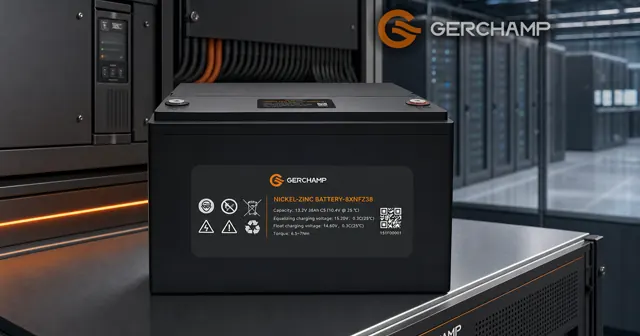 Gerchamp 8XNFZ38 nickel-zinc battery shown heroically in a premium UPS data-center environment, with subtle visual cues of stable high-current power transfer.