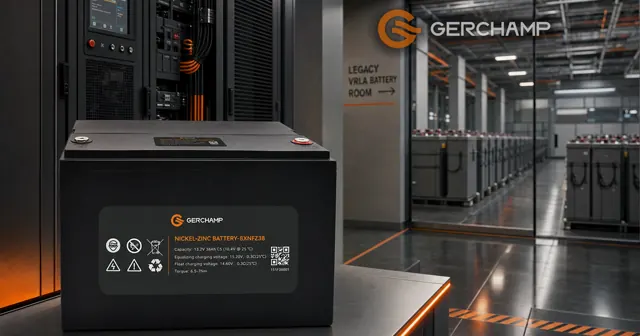 Gerchamp Nickel-Zinc Battery 8XNFZ38 presented heroically in a premium UPS battery room, with a dense legacy data-center battery installation receding into the background to suggest a lighter, more space-efficient VRLA replacement.