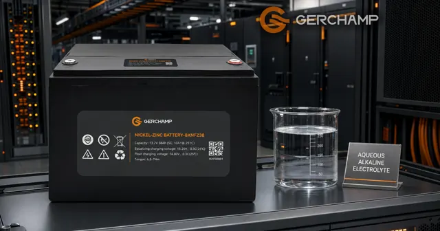 Gerchamp nickel-zinc battery with aqueous chemistry messaging presented in a premium data-center UPS environment.