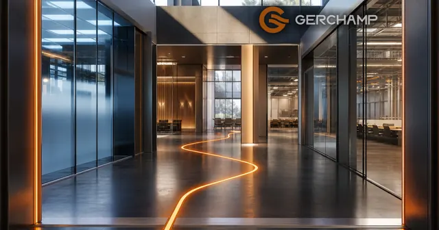 Premium editorial view through a modern critical-infrastructure facility, where a continuous amber light path connects distinct architectural zones representing UPS continuity, data centers, telecom networks, finance, and industrial operations.