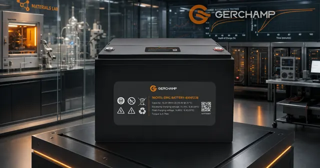 A Gerchamp 8XNFZ38 nickel-zinc battery presented heroically on a precision lab platform inside a premium UPS testing facility, with restrained orange lighting and electrochemical research cues in the background.