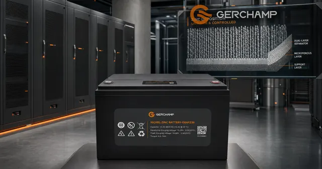 Gerchamp 8XNFZ38 nickel-zinc battery presented in a premium UPS data-center environment, with a subtle visual emphasis on controlled zinc deposition and separator protection.