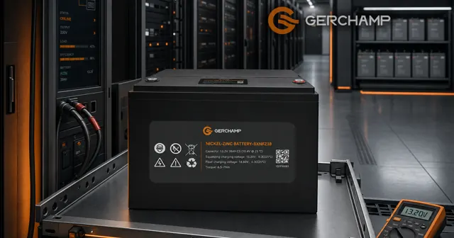 Gerchamp 8XNFZ38 nickel-zinc battery presented heroically on a UPS service platform inside a modern data center, with cool gray infrastructure and restrained orange lighting accents.