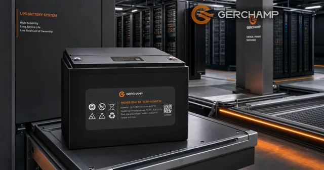 Heroic Gerchamp 8XNFZ38 nickel-zinc battery positioned in a premium data-center power room, with server racks, UPS infrastructure, and a subtle orange operational glow conveying compact, safe, high-power backup performance.