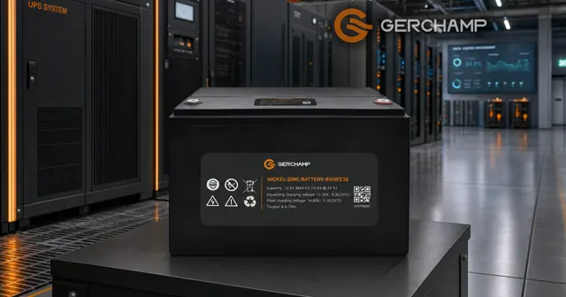 Heroic Gerchamp 8XNFZ38 nickel-zinc battery module displayed in a premium data center UPS room, with cool gray infrastructure and restrained orange safety lighting.