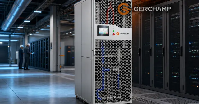 Heroic silver GERCHAMP liquid-to-air cooling distribution unit positioned beside liquid-cooled data-center racks, with airflow and heat-rejection pathways suggested through the surrounding hall environment.