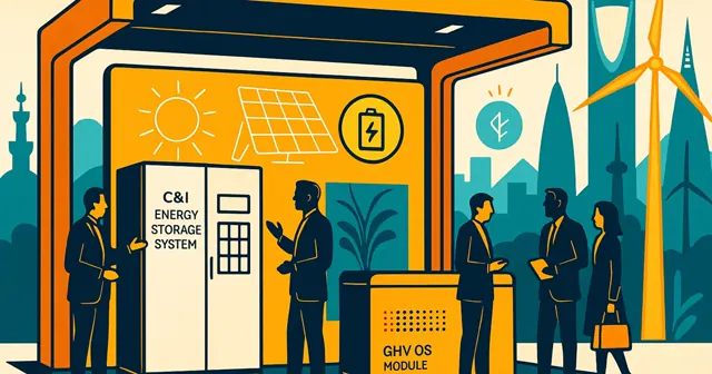 A modern expo booth at The Solar & Storage Live KSA featuring innovative energy storage solutions, with visitors engaging and elements representing Riyadh in a vibrant atmosphere.
