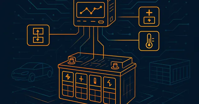 Wireframe silhouette of a battery management system illustrating its technologies like voltage equalization and temperature monitoring, with colorful accents and a backdrop of electric vehicles.