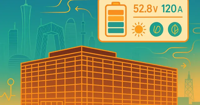 Wireframe silhouette of the Century Internet M6 Data Center with an overlay of a battery monitoring system interface, set against the Beijing skyline, showcasing energy efficiency and advanced technology.