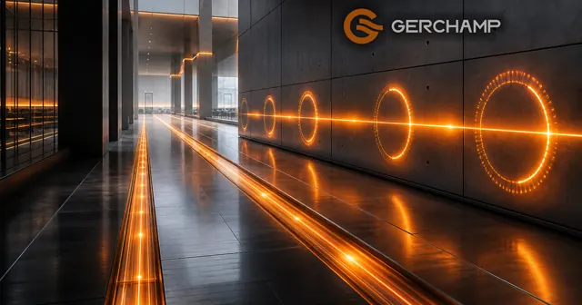 A premium industrial corridor with repeating amber light pulses moving through illuminated floor channels, symbolizing rapid battery recharge and continuous backup readiness.