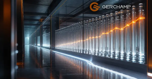 Premium industrial data-center corridor with a precise luminous grid symbolizing cell-level battery resistance trends, stable power delivery, and predictive maintenance.