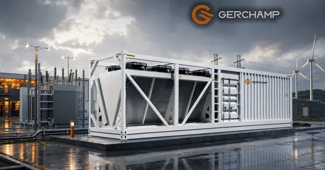 Gerchamp modular data center cooling and power module installed at an industrial energy site, with its integrated cooling equipment and corrugated enclosure illuminated against a stormy sky.