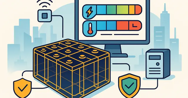 Wireframe illustration of a battery management system showcasing a battery pack, sensors, a data display screen, and safety symbols, emphasizing vibrant colors for clarity.
