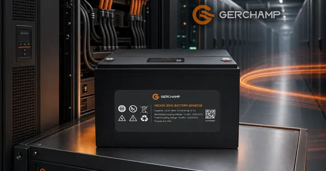 Gerchamp 8XNFZ38 nickel-zinc battery presented prominently in a premium UPS infrastructure room with subtle orange energy trails and data-center equipment in the background.