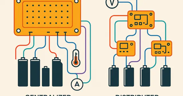 Wireframe silhouette illustration of Battery Management System architecture showing centralized and distributed designs with colorful connections.