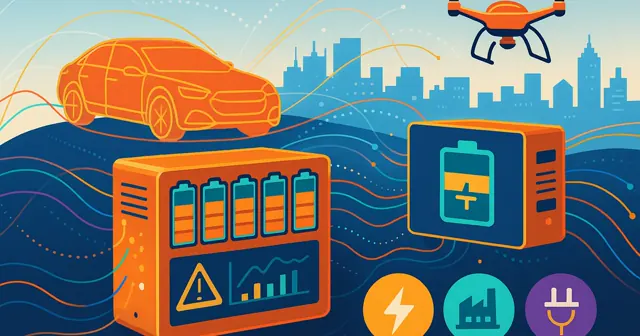 A dynamic illustration showing wireframe silhouettes of electric vehicles and drones, battery packs with monitoring indicators, and a balanced battery cell, set against a city skyline to represent innovation in battery management systems.