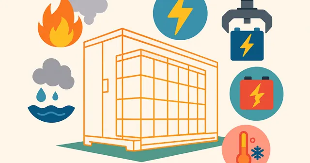 Illustration depicting various failure modes of energy storage systems, including fire, electric sparks, and environmental hazards.