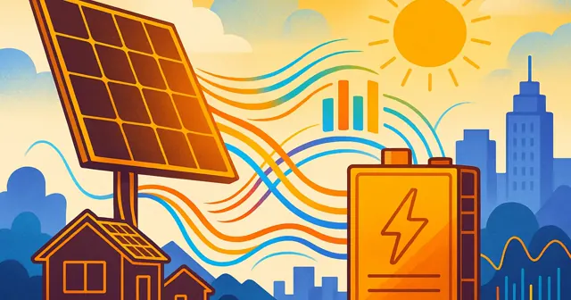 Illustration of a solar panel and battery management system with colorful energy flow lines, representing energy independence and efficiency.