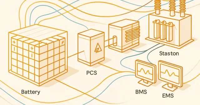 Wireframe illustration of a Battery Energy Storage System components diagram, featuring battery system, PCS converter, box transformer, station transformer, cables, BMS, and EMS.