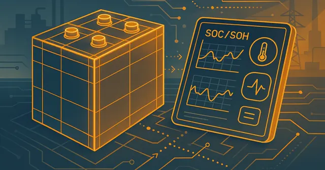 Wireframe illustration of a battery monitoring system showcasing digital graphs and icons for temperature and resistance monitoring, using brand colors.