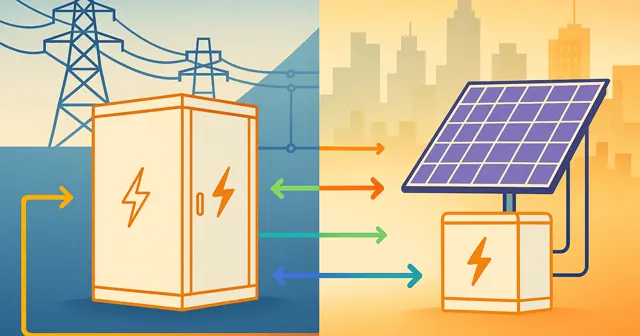 A visual comparison of Standalone ESS and PV+ESS with silhouettes and energy flow arrows, set against a city skyline.