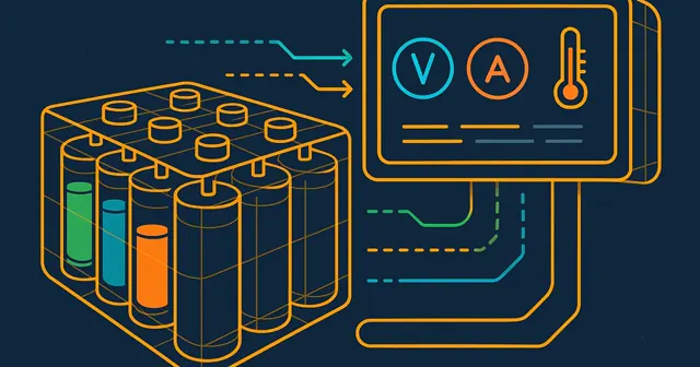 Wireframe silhouette of a battery management system with colorful battery cells and indicators for voltage, current, and temperature.