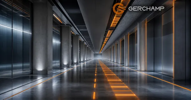 Empty data center corridor with amber and cool-white light pulses moving through the architecture, symbolizing rapid power changes and battery response.
