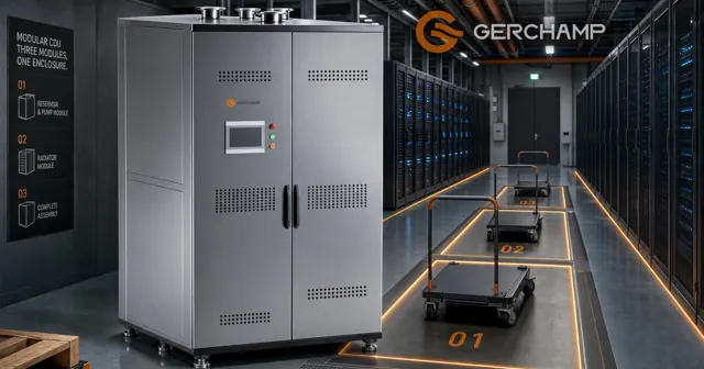 Brushed stainless-steel CDU cabinet with three distinct service zones visually staged along a data-center installation route beside server racks and overhead coolant piping.