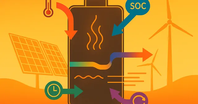 Wireframe illustration of a lithium-ion battery with colorful arrows indicating factors affecting internal resistance, set against a gradient background.