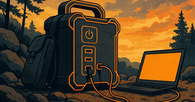 Illustration of a portable UPS power supply in an outdoor emergency scenario, connected to a laptop, with bright accents highlighting its features.